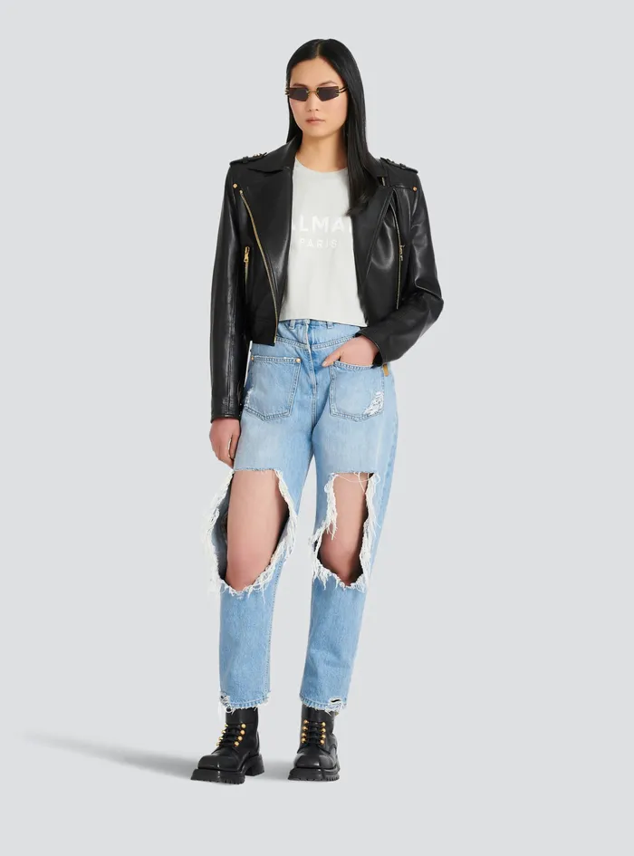 Balmain TShirts Womens Cropped EcoDesigned Cotton TShirt With Balmain Logo Print Grey Balmain TShirts Womens Cropped EcoDesigned Cotton TShirt With Balmain Logo Print Grey