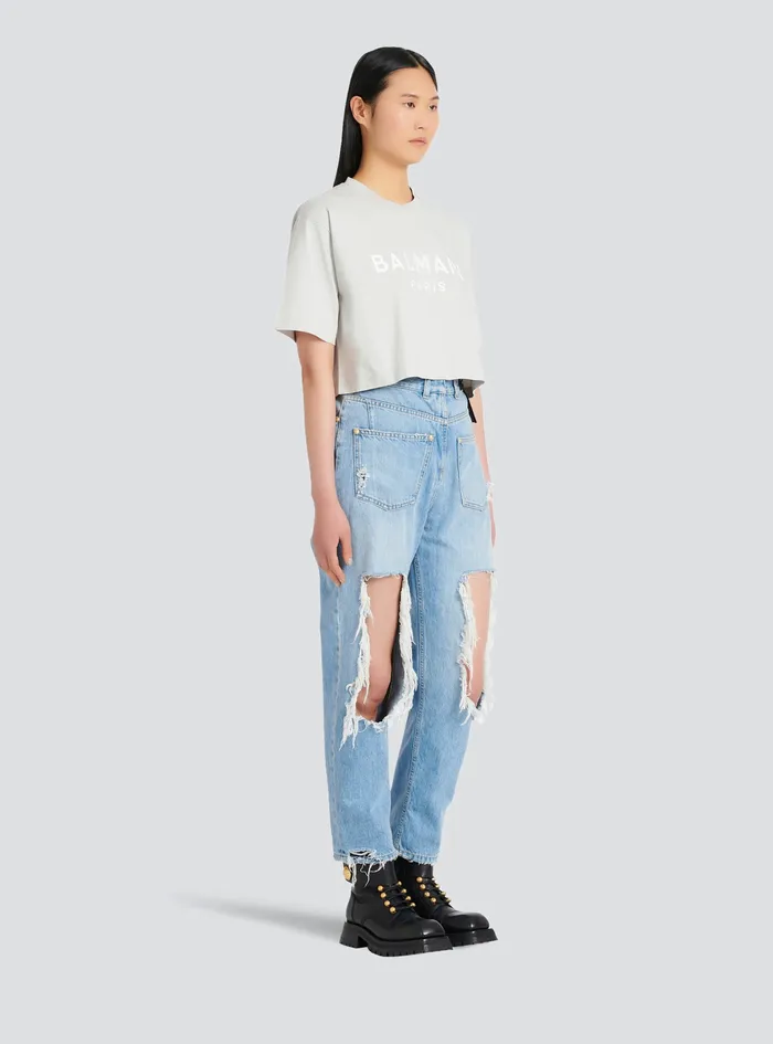 Balmain TShirts Womens Cropped EcoDesigned Cotton TShirt With Balmain Logo Print Grey Balmain TShirts Womens Cropped EcoDesigned Cotton TShirt With Balmain Logo Print Grey