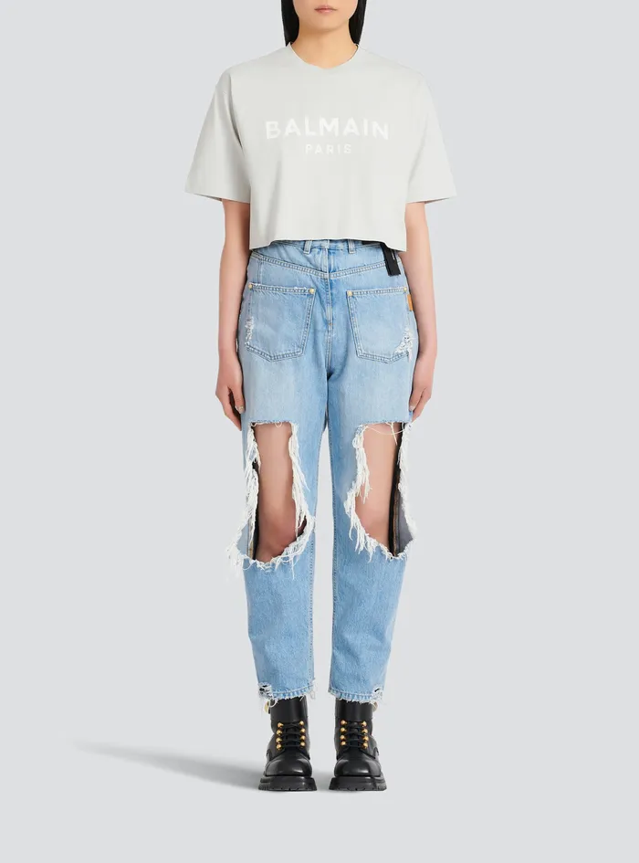 Balmain TShirts Womens Cropped EcoDesigned Cotton TShirt With Balmain Logo Print Grey Balmain TShirts Womens Cropped EcoDesigned Cotton TShirt With Balmain Logo Print Grey
