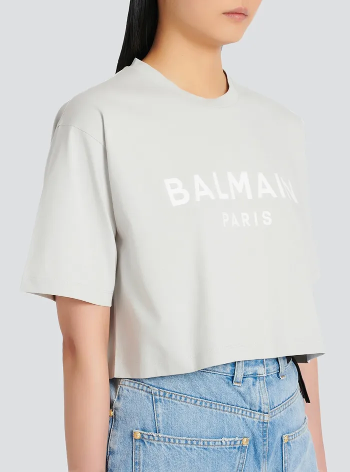 Balmain TShirts Womens Cropped EcoDesigned Cotton TShirt With Balmain Logo Print Grey Balmain TShirts Womens Cropped EcoDesigned Cotton TShirt With Balmain Logo Print Grey