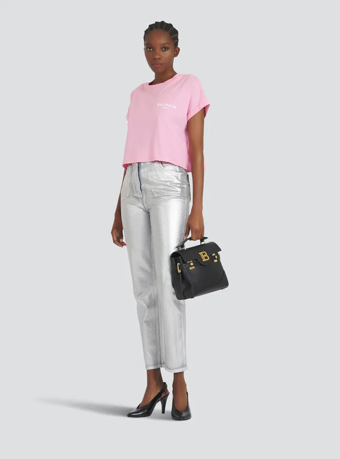 Balmain TShirts Womens Cropped EcoDesigned Cotton TShirt With Small Flocked Balmain Logo Pink Balmain TShirts Womens Cropped EcoDesigned Cotton TShirt With Small Flocked Balmain Logo Pink