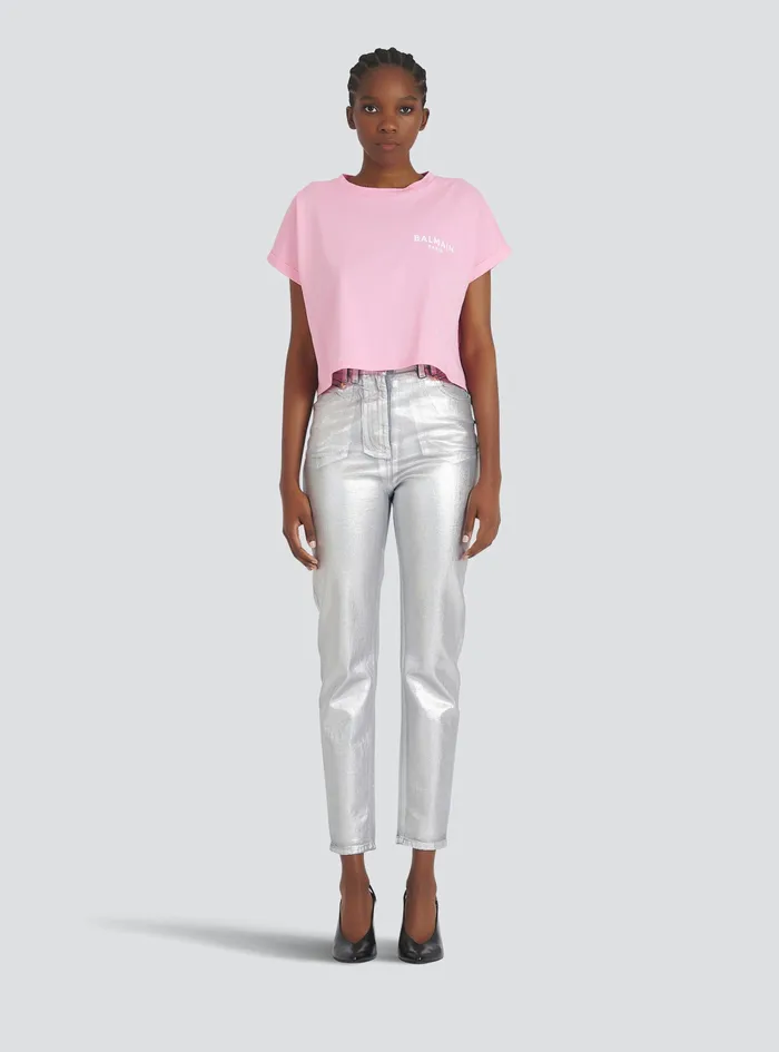 Balmain TShirts Womens Cropped EcoDesigned Cotton TShirt With Small Flocked Balmain Logo Pink Balmain TShirts Womens Cropped EcoDesigned Cotton TShirt With Small Flocked Balmain Logo Pink