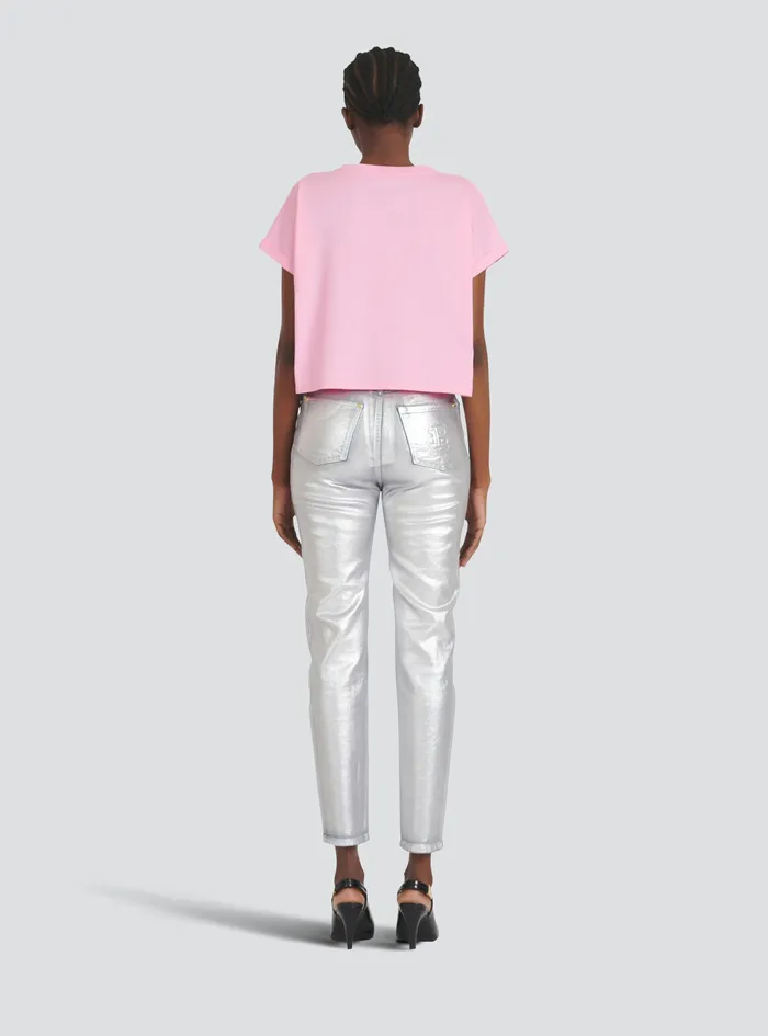 Balmain TShirts Womens Cropped EcoDesigned Cotton TShirt With Small Flocked Balmain Logo Pink Balmain TShirts Womens Cropped EcoDesigned Cotton TShirt With Small Flocked Balmain Logo Pink