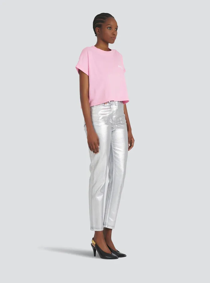 Balmain TShirts Womens Cropped EcoDesigned Cotton TShirt With Small Flocked Balmain Logo Pink Balmain TShirts Womens Cropped EcoDesigned Cotton TShirt With Small Flocked Balmain Logo Pink