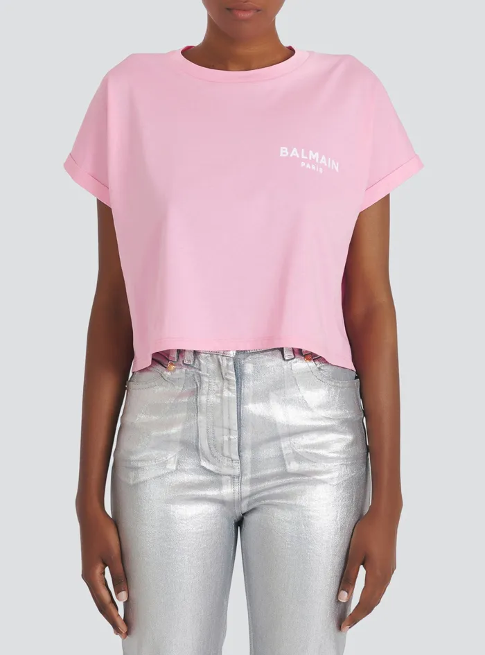 Balmain TShirts Womens Cropped EcoDesigned Cotton TShirt With Small Flocked Balmain Logo Pink Balmain TShirts Womens Cropped EcoDesigned Cotton TShirt With Small Flocked Balmain Logo Pink