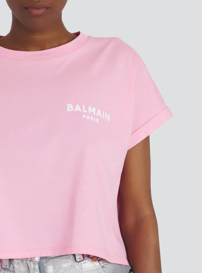 Balmain TShirts Womens Cropped EcoDesigned Cotton TShirt With Small Flocked Balmain Logo Pink Balmain TShirts Womens Cropped EcoDesigned Cotton TShirt With Small Flocked Balmain Logo Pink