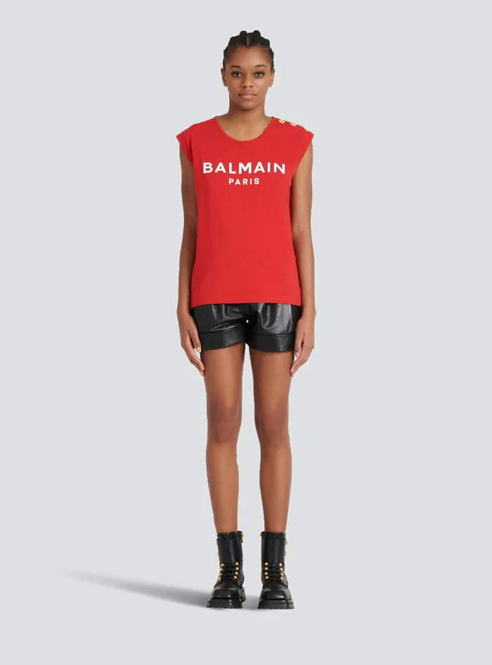 Balmain TShirts Womens EcoDesigned Cotton TShirt With Balmain Logo Print Red Balmain TShirts Womens EcoDesigned Cotton TShirt With Balmain Logo Print Red