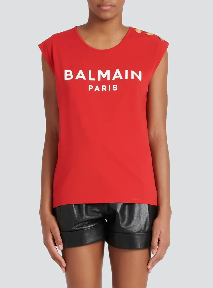 Balmain TShirts Womens EcoDesigned Cotton TShirt With Balmain Logo Print Red Balmain TShirts Womens EcoDesigned Cotton TShirt With Balmain Logo Print Red