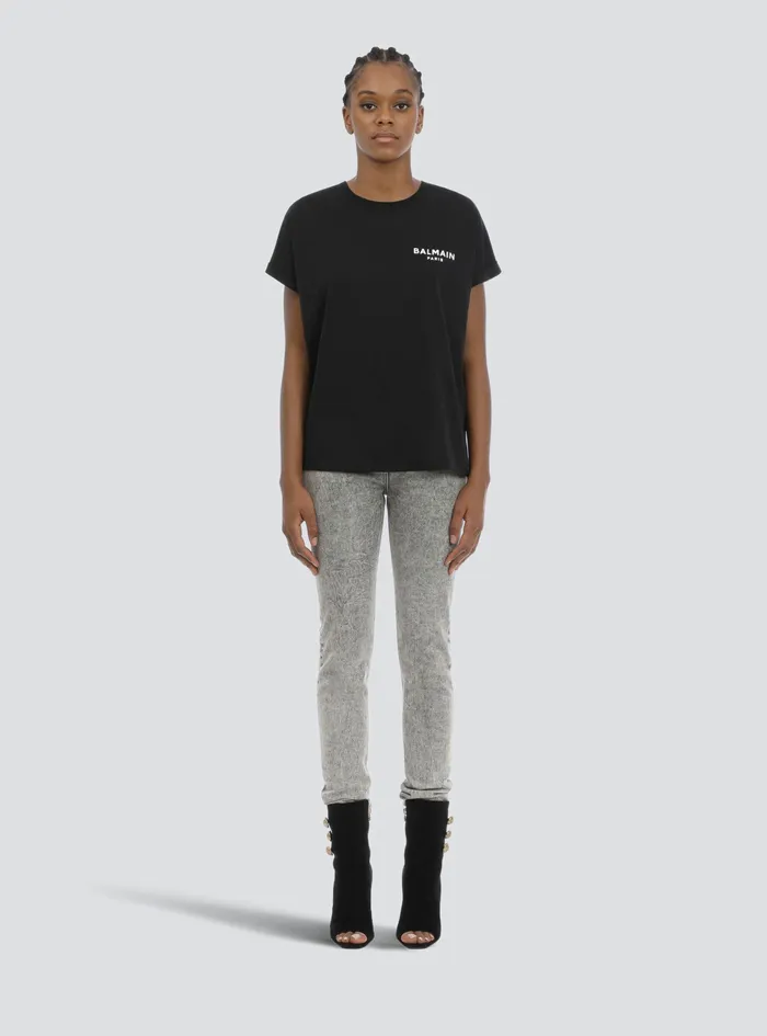 Balmain TShirts Womens EcoDesigned Cotton TShirt With Small Flocked Balmain Logo Black Balmain TShirts Womens EcoDesigned Cotton TShirt With Small Flocked Balmain Logo Black