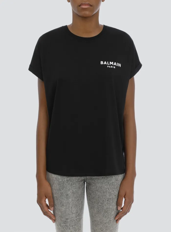 Balmain TShirts Womens EcoDesigned Cotton TShirt With Small Flocked Balmain Logo Black Balmain TShirts Womens EcoDesigned Cotton TShirt With Small Flocked Balmain Logo Black