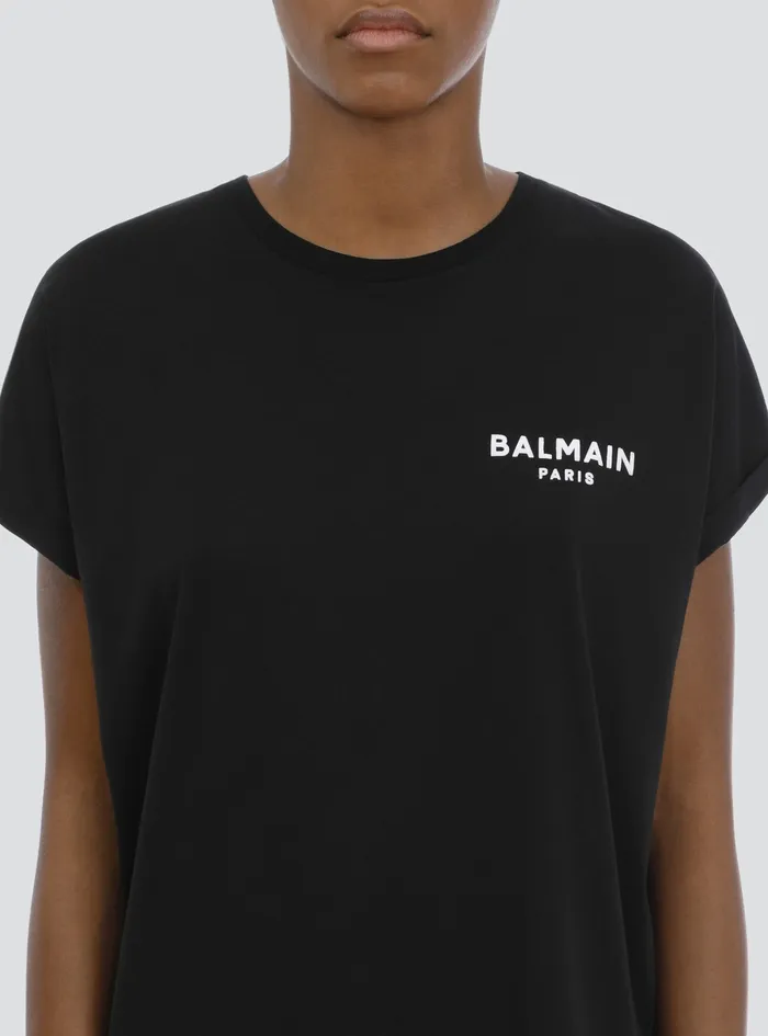 Balmain TShirts Womens EcoDesigned Cotton TShirt With Small Flocked Balmain Logo Black Balmain TShirts Womens EcoDesigned Cotton TShirt With Small Flocked Balmain Logo Black