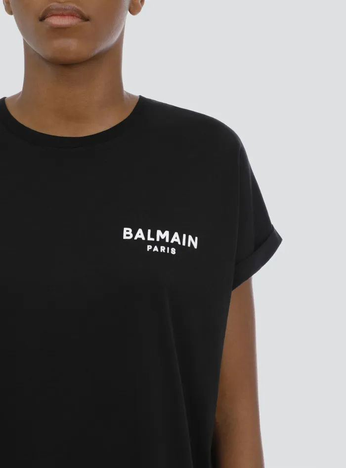 Balmain TShirts Womens EcoDesigned Cotton TShirt With Small Flocked Balmain Logo Black Balmain TShirts Womens EcoDesigned Cotton TShirt With Small Flocked Balmain Logo Black