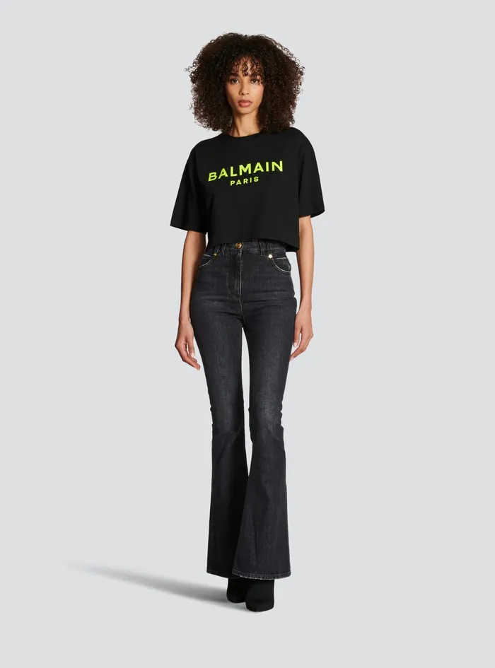 Balmain TShirts Womens Exclusive 8211 Cropped Cotton TShirt With Balmain Logo Print Yellow Balmain TShirts Womens Exclusive 8211 Cropped Cotton TShirt With Balmain Logo Print Yellow