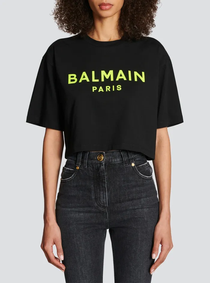 Balmain TShirts Womens Exclusive 8211 Cropped Cotton TShirt With Balmain Logo Print Yellow Balmain TShirts Womens Exclusive 8211 Cropped Cotton TShirt With Balmain Logo Print Yellow