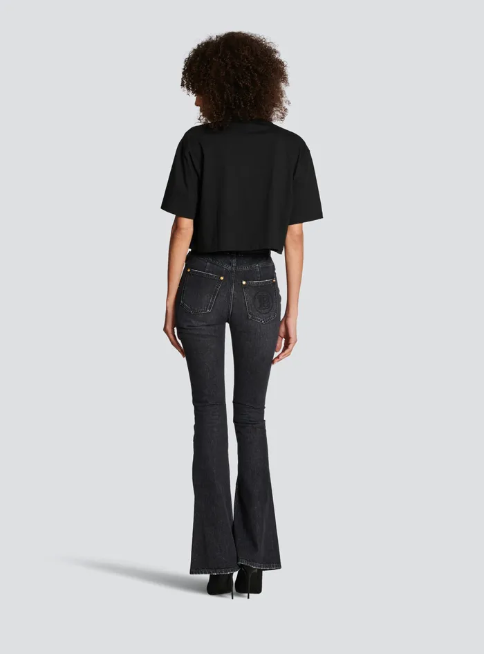 Balmain TShirts Womens Exclusive 8211 Cropped Cotton TShirt With Balmain Logo Print Yellow Balmain TShirts Womens Exclusive 8211 Cropped Cotton TShirt With Balmain Logo Print Yellow