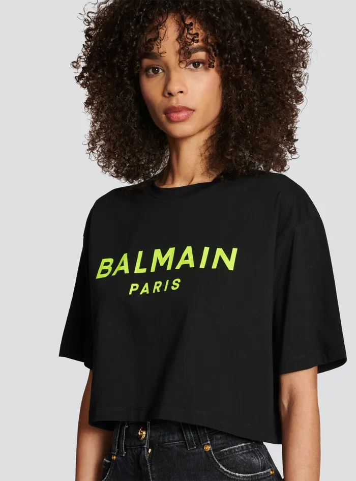 Balmain TShirts Womens Exclusive 8211 Cropped Cotton TShirt With Balmain Logo Print Yellow Balmain TShirts Womens Exclusive 8211 Cropped Cotton TShirt With Balmain Logo Print Yellow