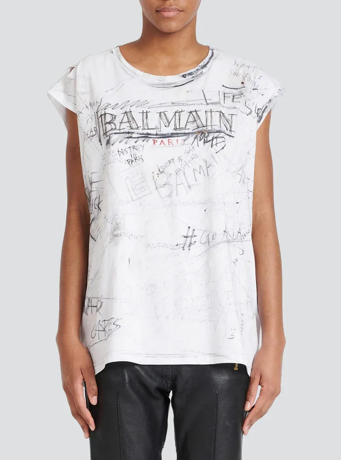 Balmain TShirts WomensMens Unisex 8211 Vintage TShirt With Balmain Logo Print Graffiti White Balmain TShirts WomensMens Unisex 8211 Vintage TShirt With Balmain Logo Print Graffiti White