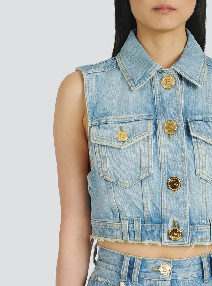 Balmain Tops And Shirts Womens Cropped Vintage EcoDesigned Denim Jacket Blue Balmain Tops And Shirts Womens Cropped Vintage EcoDesigned Denim Jacket Blue