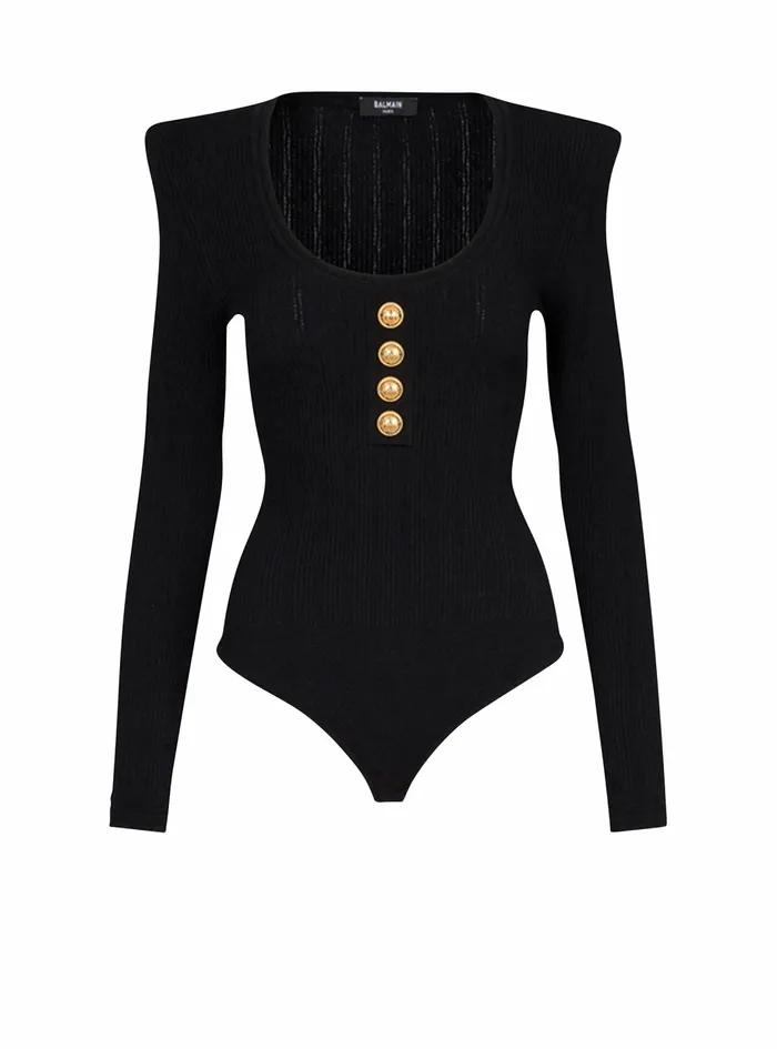 Balmain Tops And Shirts Womens LongSleeved Knit Bodysuit Black