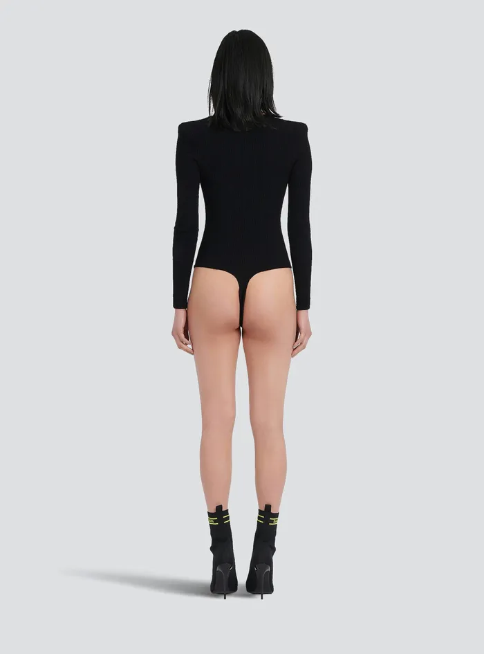 Balmain Tops And Shirts Womens LongSleeved Knit Bodysuit Black Balmain Tops And Shirts Womens LongSleeved Knit Bodysuit Black