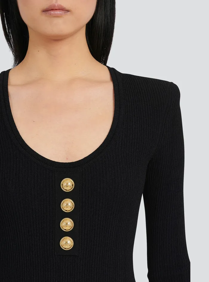 Balmain Tops And Shirts Womens LongSleeved Knit Bodysuit Black Balmain Tops And Shirts Womens LongSleeved Knit Bodysuit Black