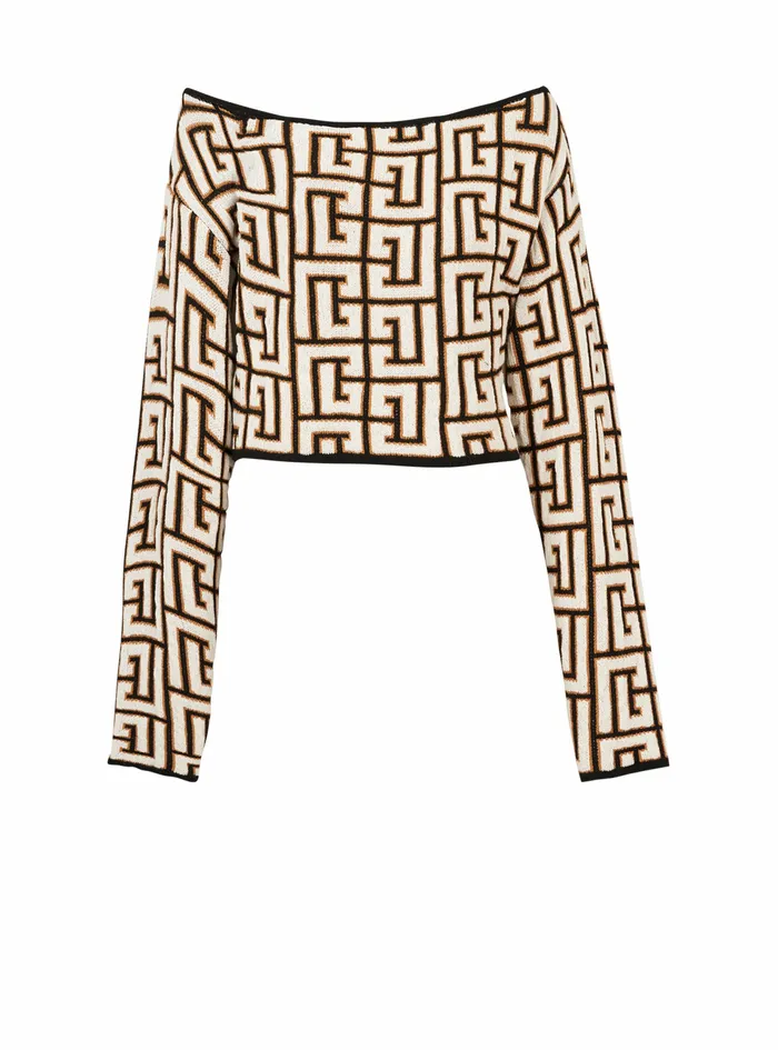 Balmain Tops And Shirts Womens OffTheShoulder Crop Top With Balmain Monogram Brown Balmain Tops And Shirts Womens OffTheShoulder Crop Top With Balmain Monogram Brown