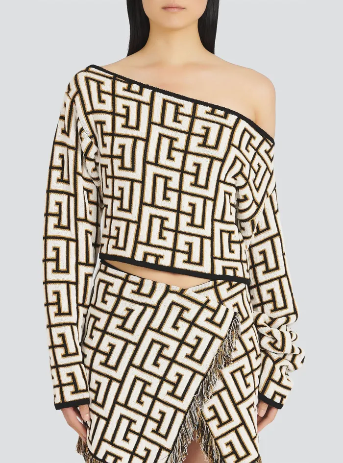 Balmain Tops And Shirts Womens OffTheShoulder Crop Top With Balmain Monogram Brown Balmain Tops And Shirts Womens OffTheShoulder Crop Top With Balmain Monogram Brown