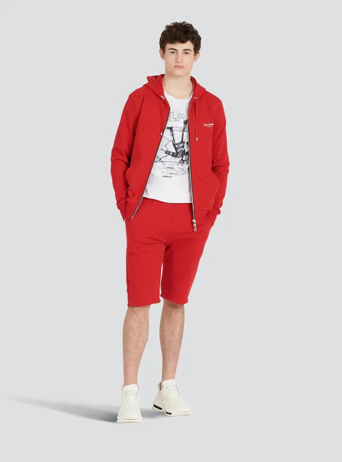 Balmain Trousers And Shorts Mens Cotton Shorts With Flocked Balmain Paris Logo Red Balmain Trousers And Shorts Mens Cotton Shorts With Flocked Balmain Paris Logo Red