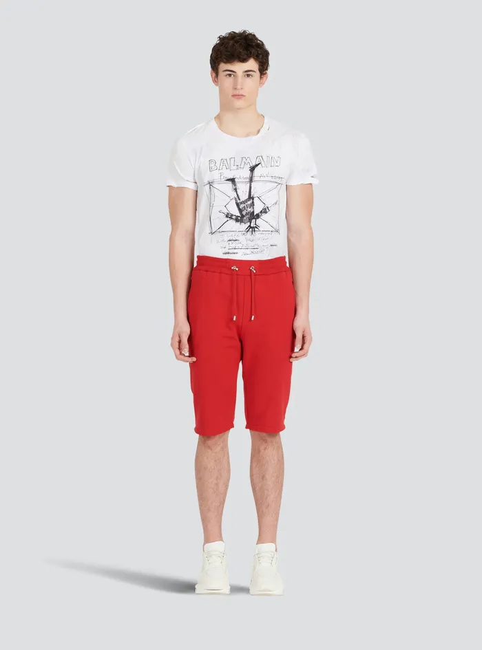 Balmain Trousers And Shorts Mens Cotton Shorts With Flocked Balmain Paris Logo Red Balmain Trousers And Shorts Mens Cotton Shorts With Flocked Balmain Paris Logo Red