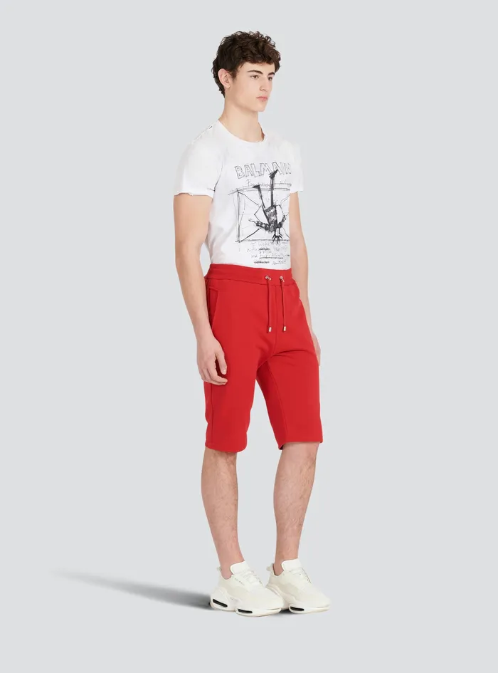 Balmain Trousers And Shorts Mens Cotton Shorts With Flocked Balmain Paris Logo Red Balmain Trousers And Shorts Mens Cotton Shorts With Flocked Balmain Paris Logo Red
