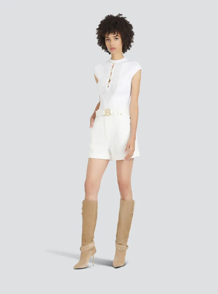 Balmain Trousers And Shorts Womens Denim HighWaisted Shorts With Balmain Buckle White Balmain Trousers And Shorts Womens Denim HighWaisted Shorts With Balmain Buckle White
