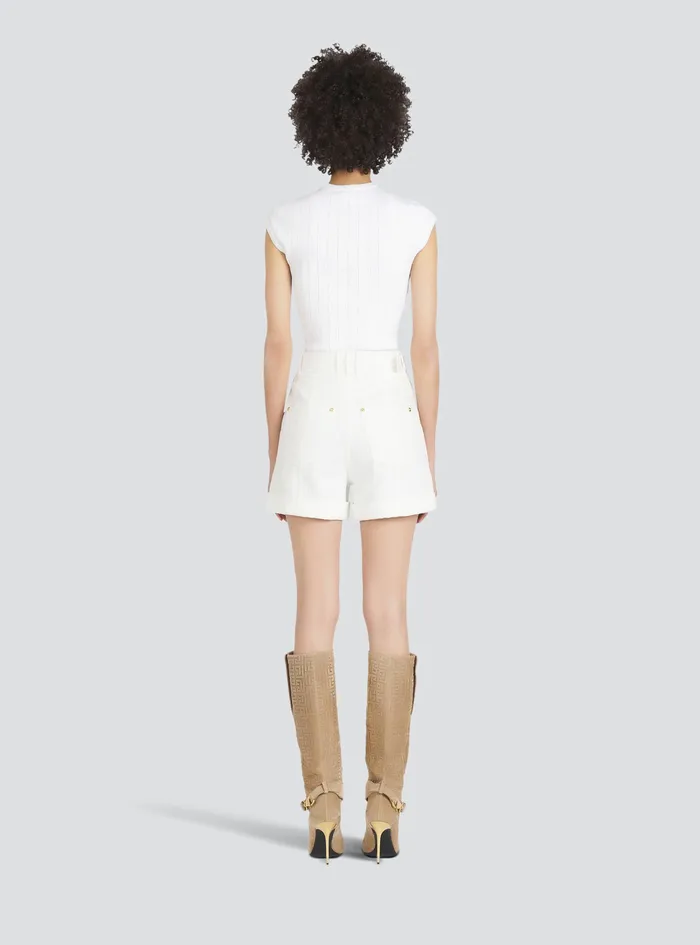 Balmain Trousers And Shorts Womens Denim HighWaisted Shorts With Balmain Buckle White Balmain Trousers And Shorts Womens Denim HighWaisted Shorts With Balmain Buckle White