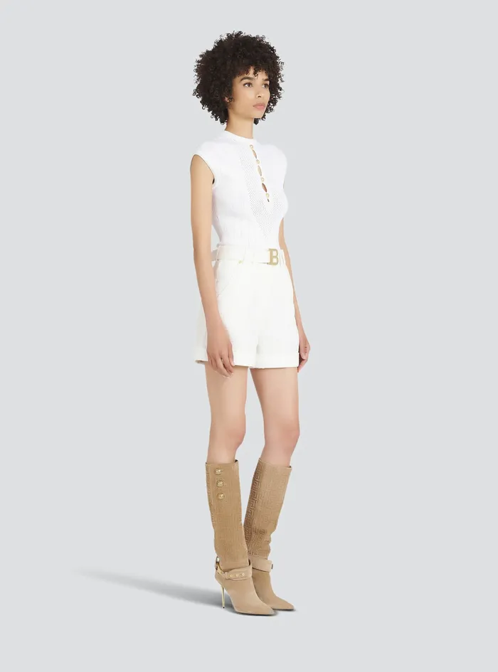 Balmain Trousers And Shorts Womens Denim HighWaisted Shorts With Balmain Buckle White Balmain Trousers And Shorts Womens Denim HighWaisted Shorts With Balmain Buckle White