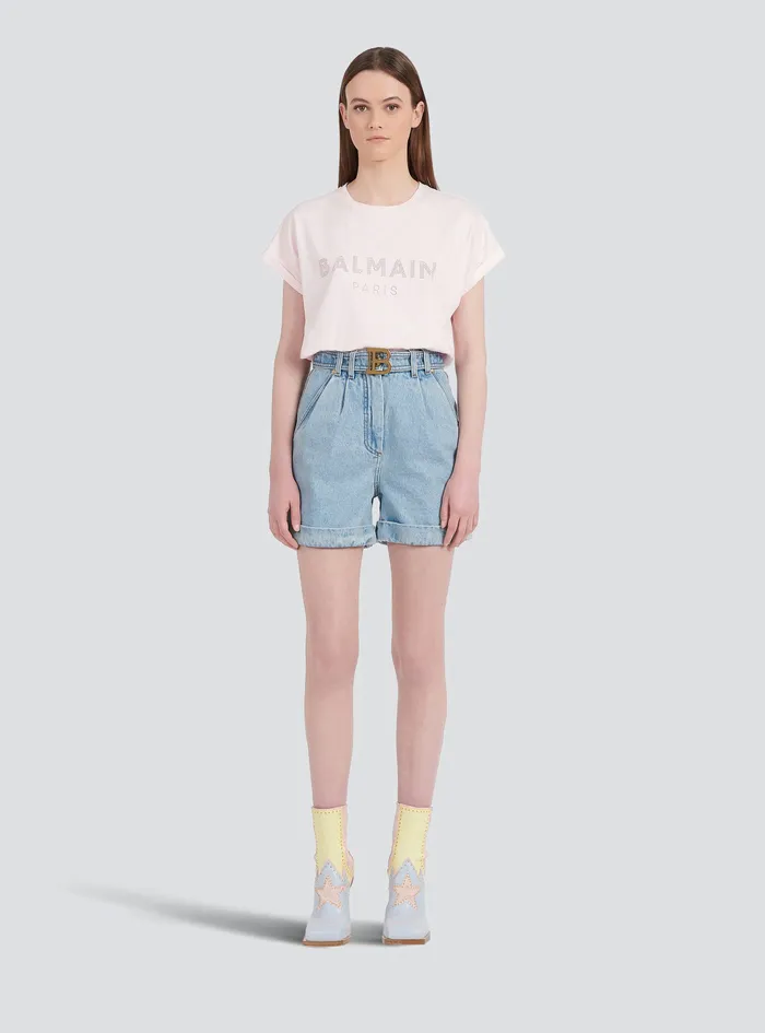 Balmain Trousers And Shorts Womens EcoDesigned Denim HighWaisted Shorts With Balmain Buckle Blue