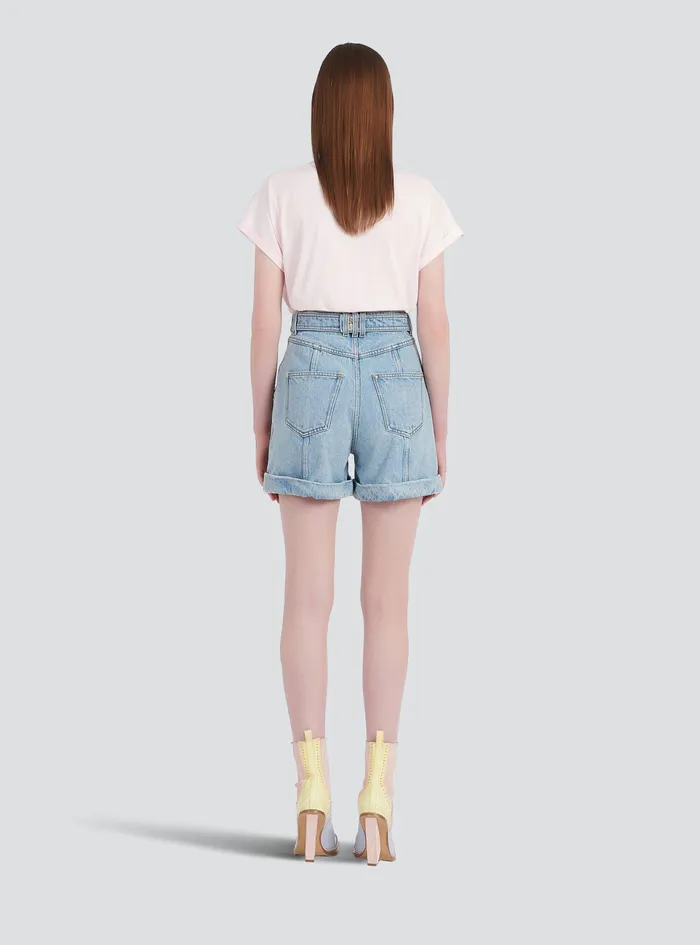 Balmain Trousers And Shorts Womens EcoDesigned Denim HighWaisted Shorts With Balmain Buckle Blue