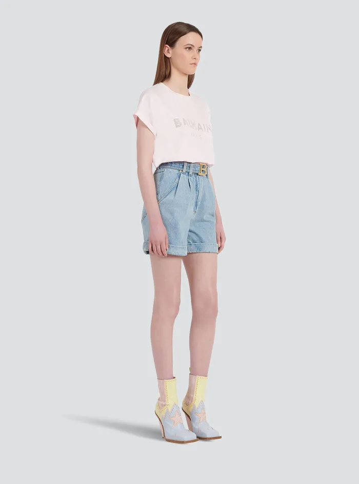 Balmain Trousers And Shorts Womens EcoDesigned Denim HighWaisted Shorts With Balmain Buckle Blue