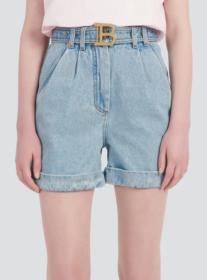 Balmain Trousers And Shorts Womens EcoDesigned Denim HighWaisted Shorts With Balmain Buckle Blue