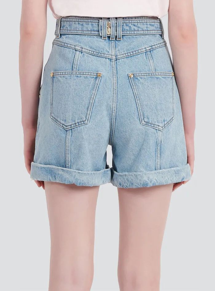 Balmain Trousers And Shorts Womens EcoDesigned Denim HighWaisted Shorts With Balmain Buckle Blue