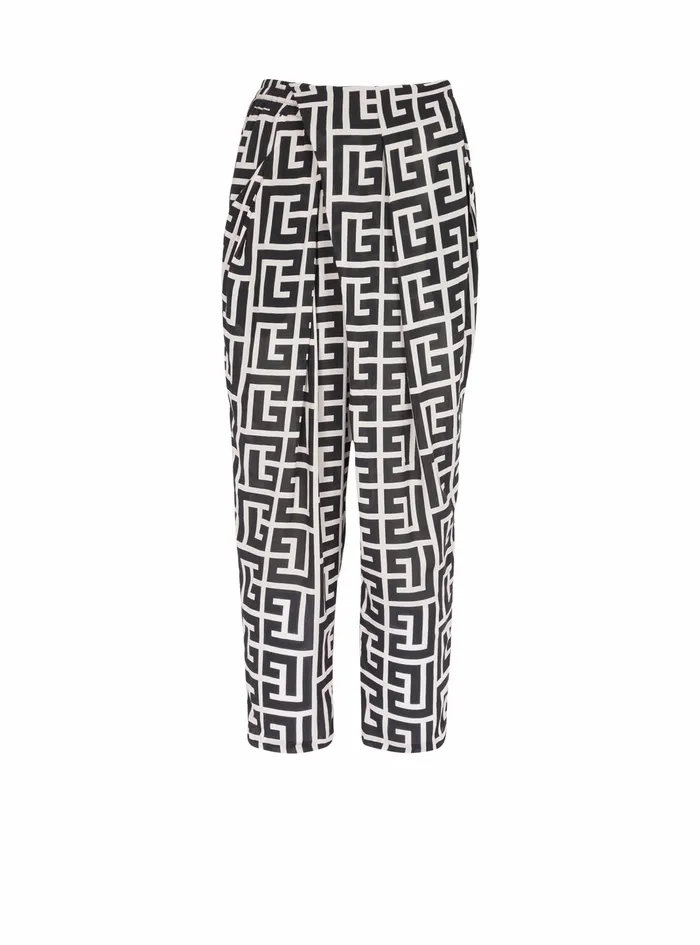 Balmain Trousers And Shorts Womens EcoDesigned Draped Pants With Balmain Print Monogram Black Balmain Trousers And Shorts Womens EcoDesigned Draped Pants With Balmain Print Monogram Black