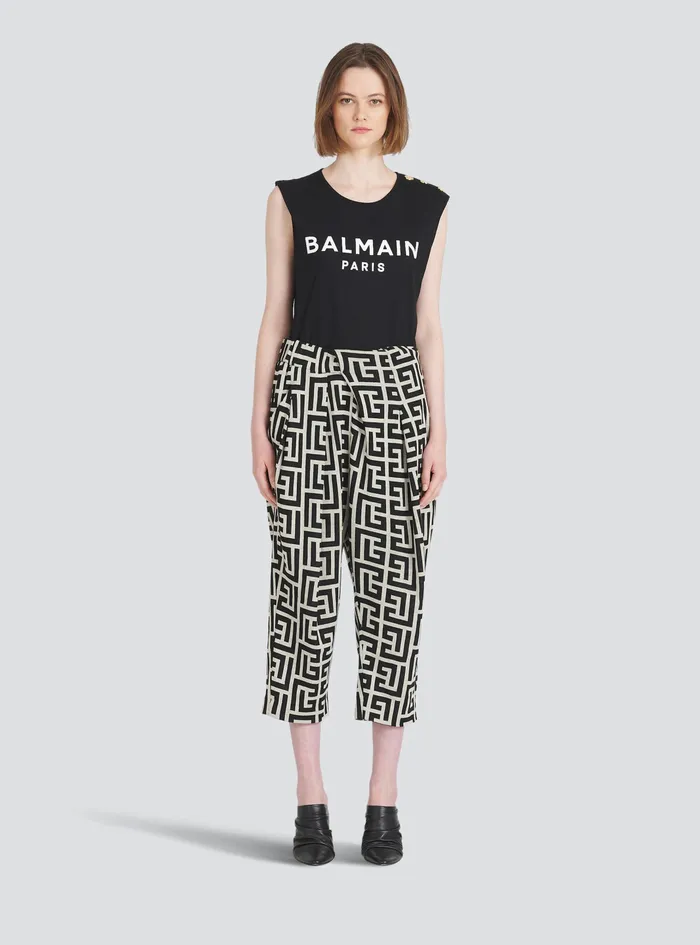 Balmain Trousers And Shorts Womens EcoDesigned Draped Pants With Balmain Print Monogram Black Balmain Trousers And Shorts Womens EcoDesigned Draped Pants With Balmain Print Monogram Black