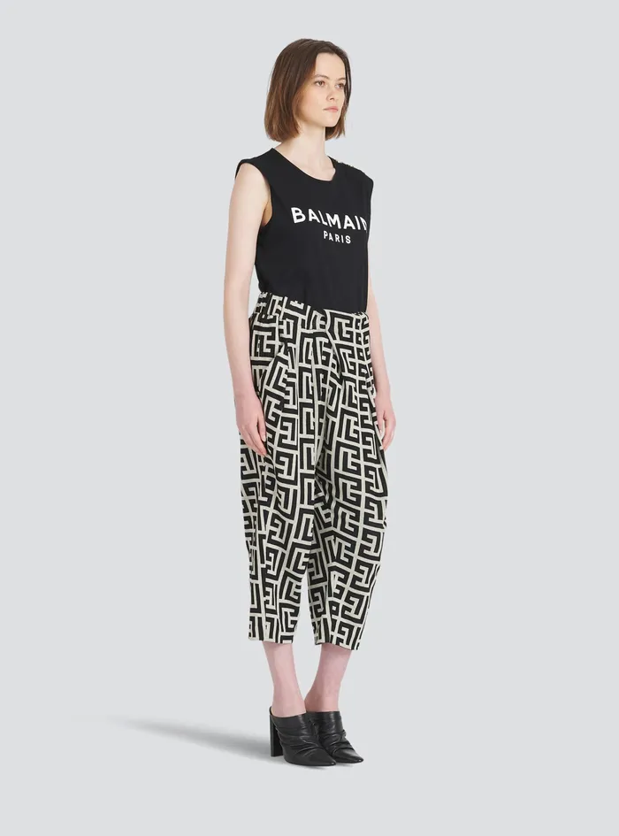 Balmain Trousers And Shorts Womens EcoDesigned Draped Pants With Balmain Print Monogram Black Balmain Trousers And Shorts Womens EcoDesigned Draped Pants With Balmain Print Monogram Black