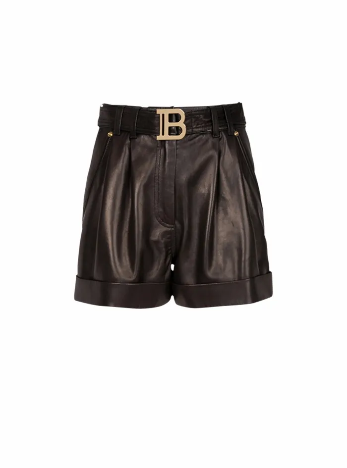Balmain Trousers And Shorts Womens HighWaisted Leather Shorts With Balmain Buckle Black