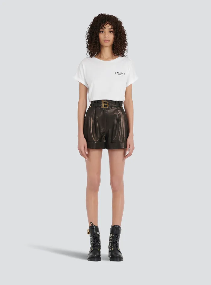 Balmain Trousers And Shorts Womens HighWaisted Leather Shorts With Balmain Buckle Black Balmain Trousers And Shorts Womens HighWaisted Leather Shorts With Balmain Buckle Black