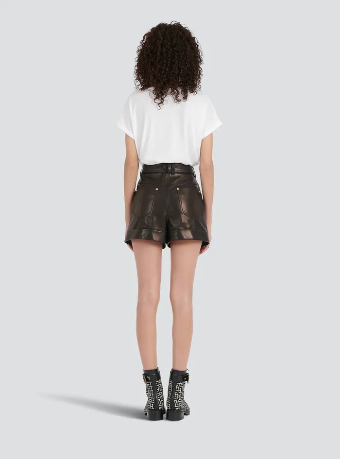 Balmain Trousers And Shorts Womens HighWaisted Leather Shorts With Balmain Buckle Black Balmain Trousers And Shorts Womens HighWaisted Leather Shorts With Balmain Buckle Black