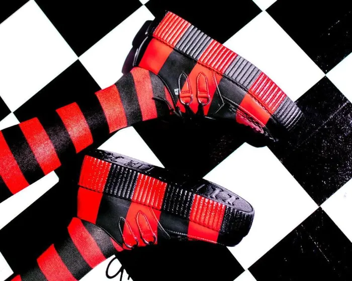 Black and Red Striped Viva Mondo Creeper Women TUK Shoes Vegan Black and Red Striped Viva Mondo Creeper Women TUK Shoes Vegan