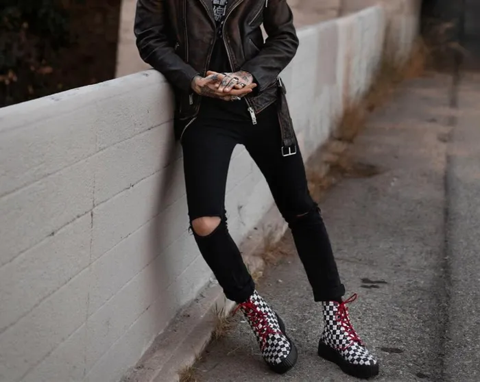 Black and White Checkered Barbwire Mondo Boot Women TUK Shoes Boots Black and White Checkered Barbwire Mondo Boot Women TUK Shoes Boots