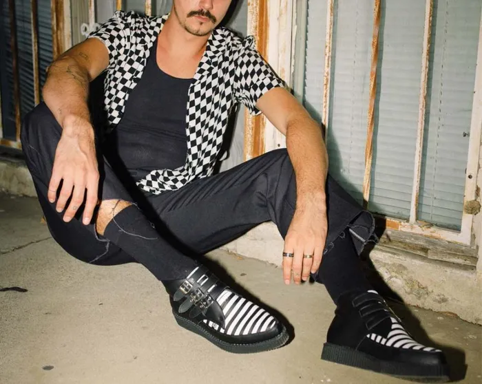 Black and White Stripe Vegan 3Buckle Pointed Boot Men TUK Shoes Vegan Black and White Stripe Vegan 3Buckle Pointed Boot Men TUK Shoes Vegan
