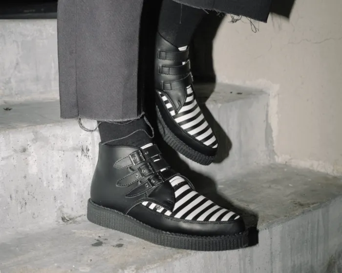 Black and White Stripe Vegan 3Buckle Pointed Boot Men TUK Shoes Vegan Black and White Stripe Vegan 3Buckle Pointed Boot Men TUK Shoes Vegan