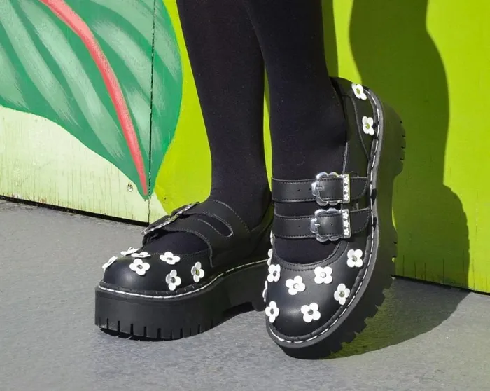 Black and White TUKskin Flower Double Decker Mary Jane Women TUK Shoes Platforms Black and White TUKskin Flower Double Decker Mary Jane Women TUK Shoes Platforms