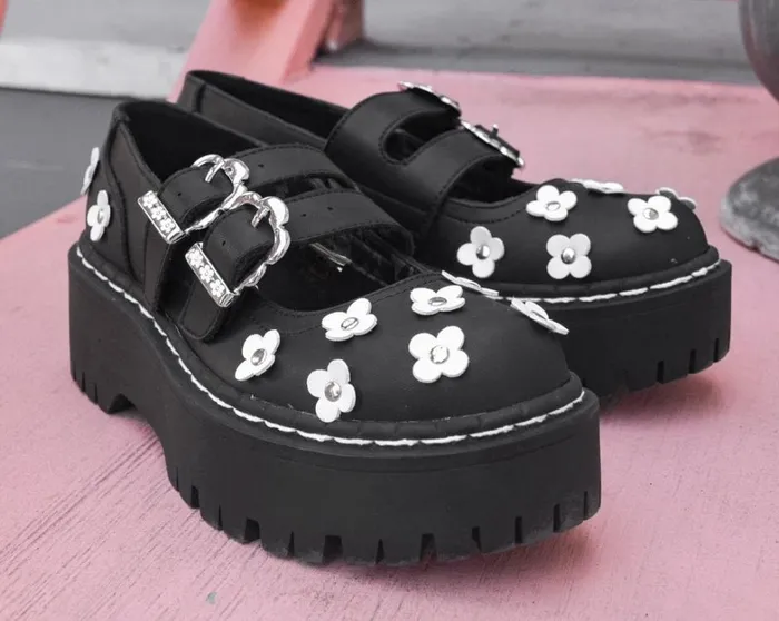 Black and White TUKskin Flower Double Decker Mary Jane Women TUK Shoes Platforms Black and White TUKskin Flower Double Decker Mary Jane Women TUK Shoes Platforms